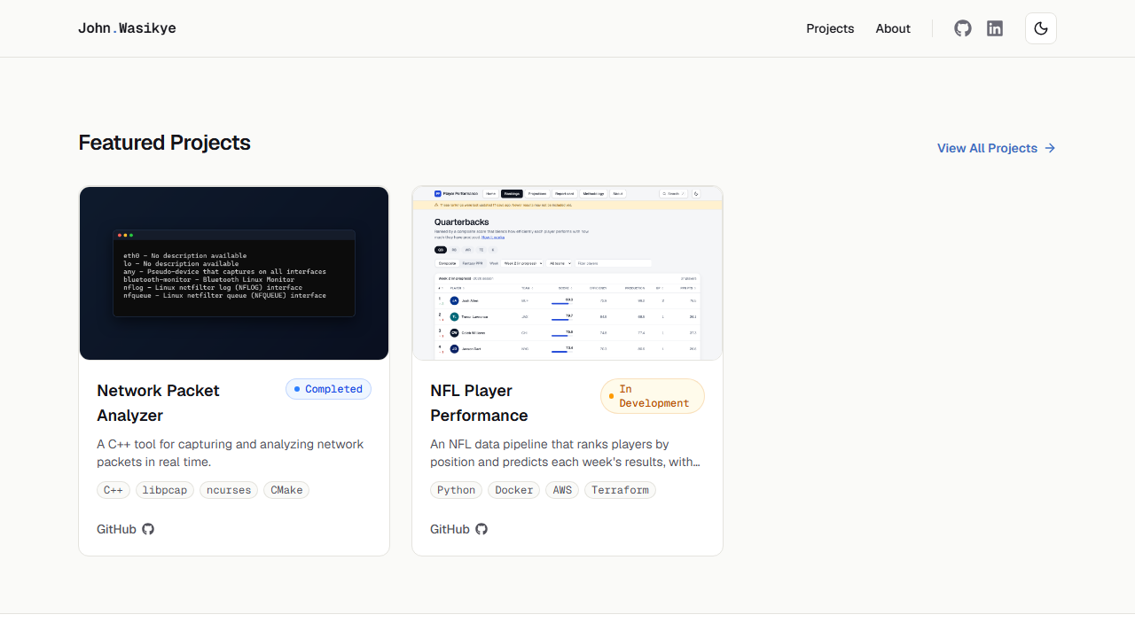 Screenshot of the portfolio website home page